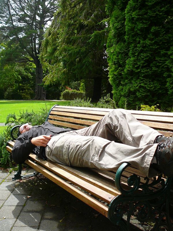 A Invercargill, nous dormons un peu dans le jardin botanique, histoire de sauver la journée, tellement nous sommes fatigués!
